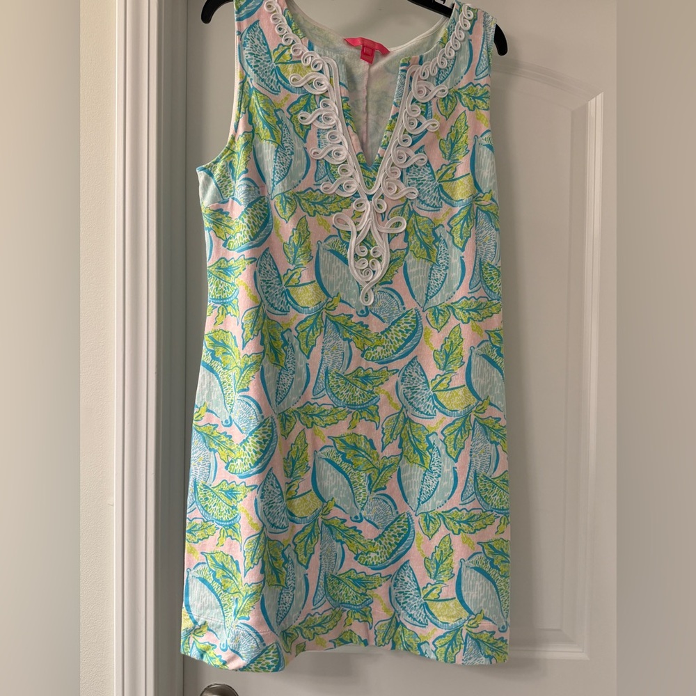 Lilly Pulitzer Pink, Aqua & Lime Printed Knit Shift Dress with White Trim